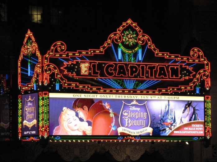 Flashy lights! Sparkly LED screens!  This is the marquee above the front entrance of the El Capitan.