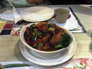 These are deceptive fish chunks.  The veggies and sauce were excellent though.