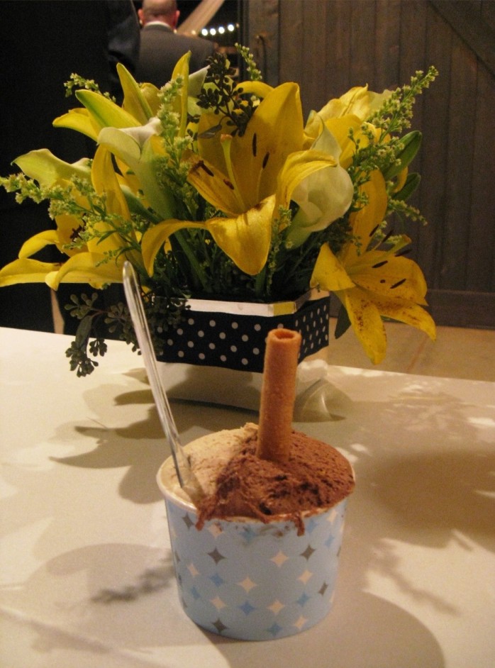 Chocolate hazelnut gelato and salted caramel gelato and flower centerpiece.